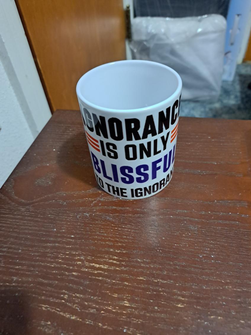 Ignorance is Bliss Coffee Mug by Fantasy Tees Plus with bold black and blue text on white ceramic