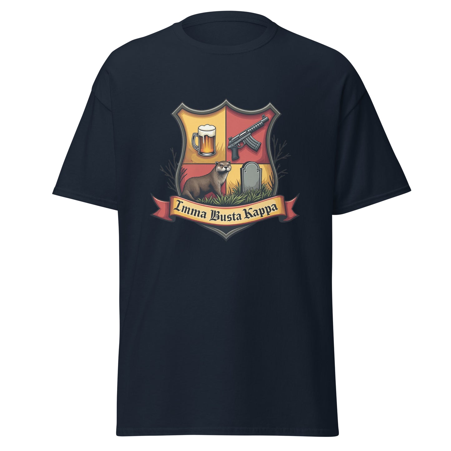 Fantasy Tees Plus black fake fraternity sorority t-shirt with humorous crest featuring beer, gun, ferret, and tombstone