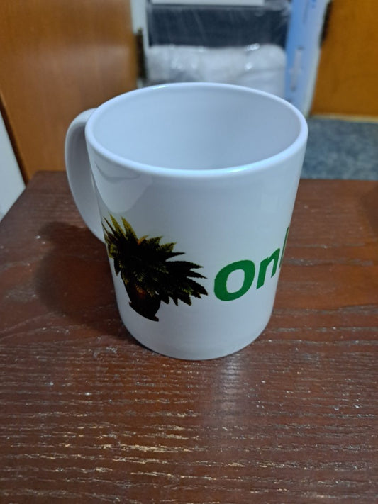 White coffee mug from Fantasy Tees Plus with Only Ferns parody coffee mug design showing a green fern graphic