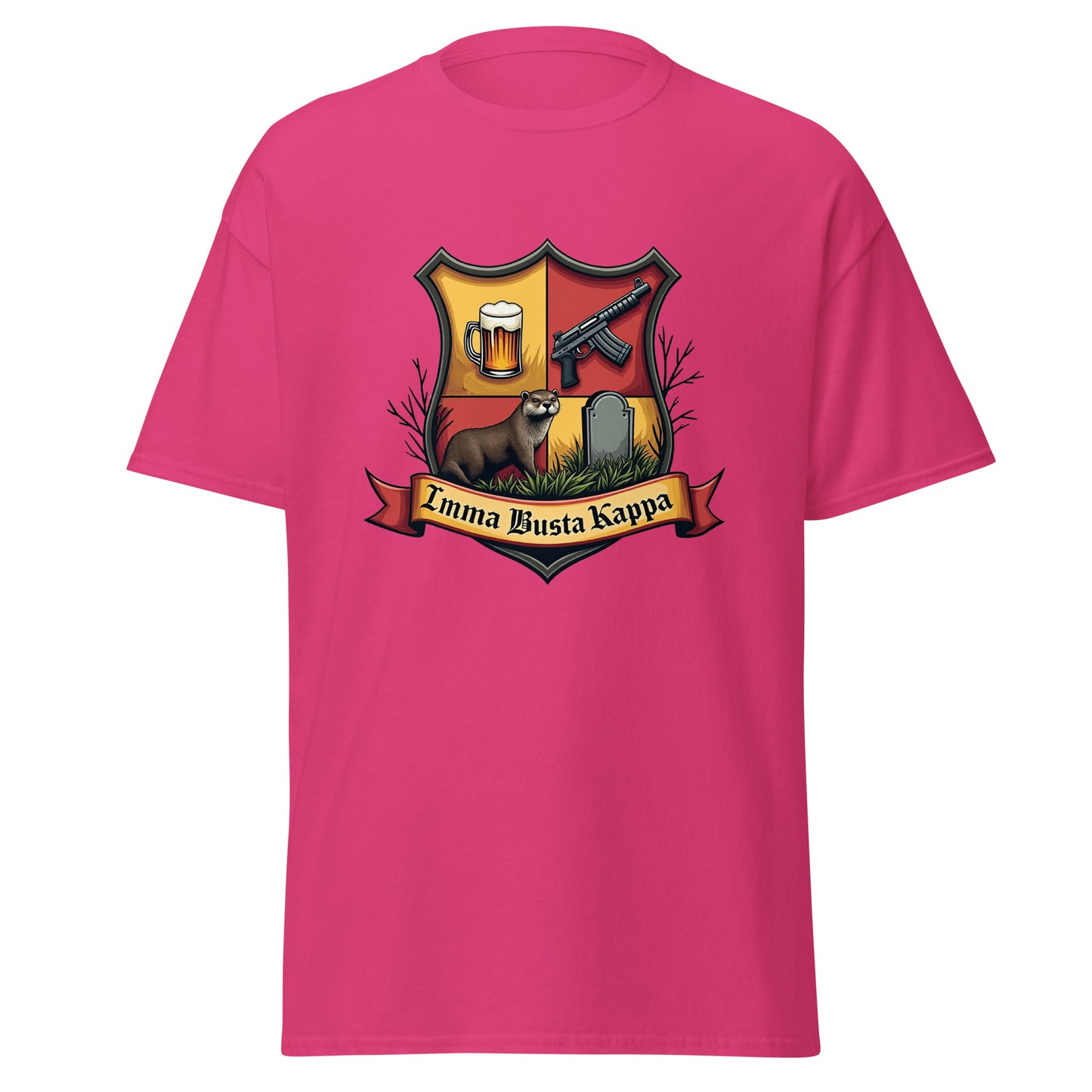 Pink fake fraternity sorority t-shirt with crest featuring beer mug, gun, ferret, and tombstone design