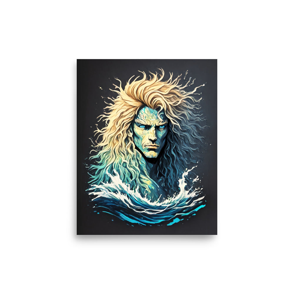 Fantasy Tees Plus Poseidon sea god poster featuring mythological sea god with flowing hair and crashing waves