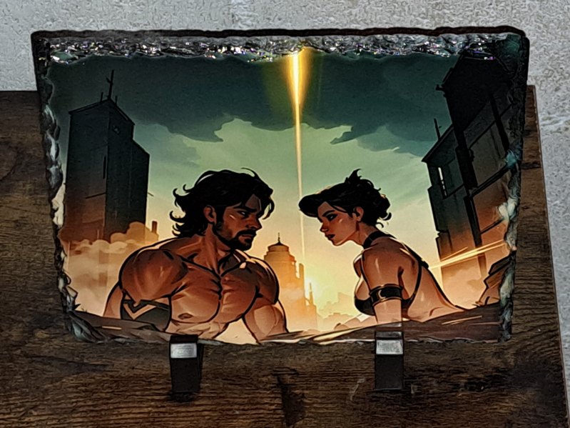 Post-apocalyptic stone decor artwork showing two muscular characters facing each other in a ruined cityscape