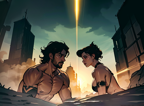 Post-apocalyptic stone decor artwork by Fantasy Tees Plus featuring two characters facing each other in a ruined city