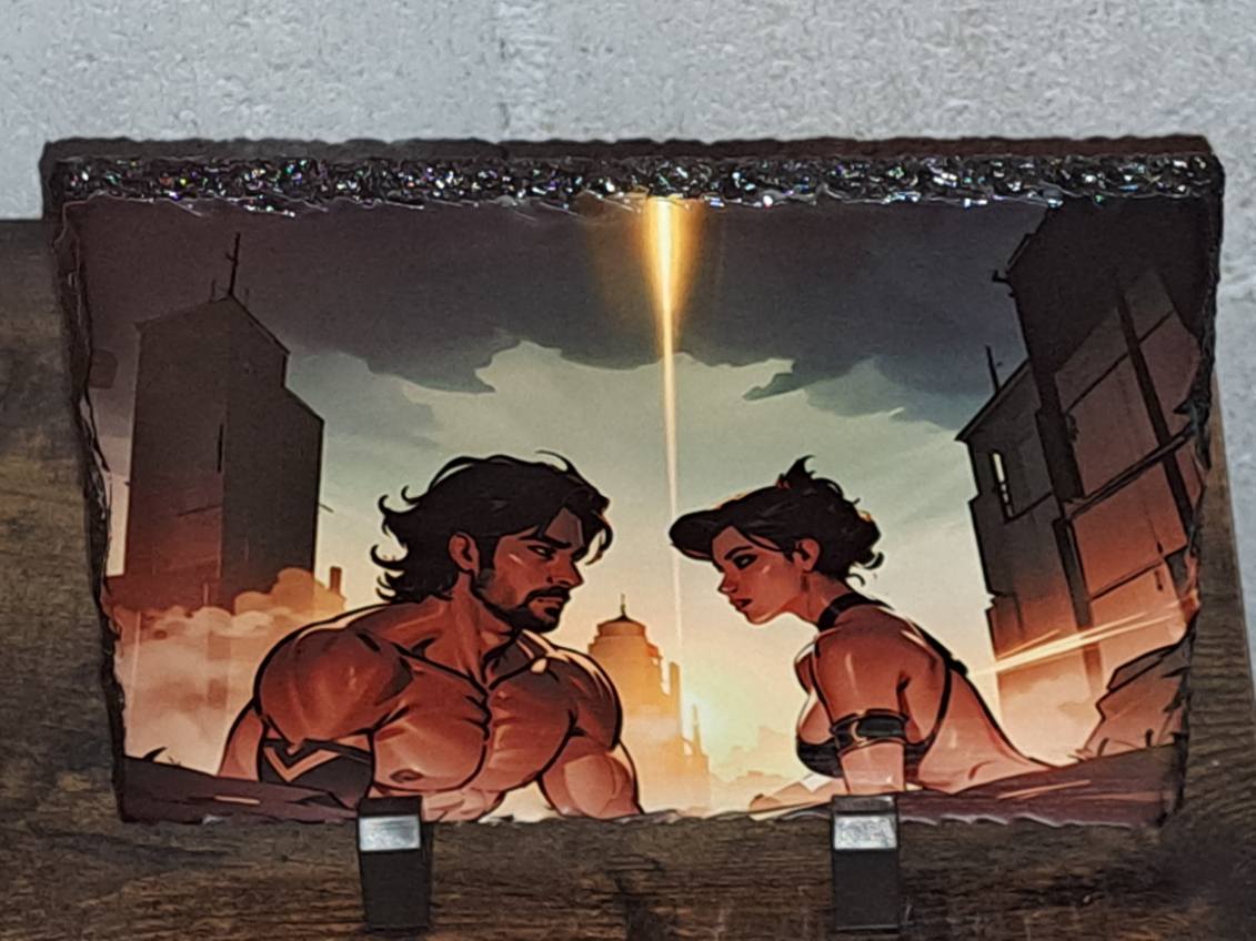 Post-apocalyptic stone decor artwork featuring two muscular figures facing each other against a ruined city backdrop