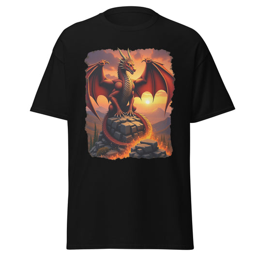 Black T-shirt featuring a fierce red dragon fantasy t-shirt design with fiery sunset background