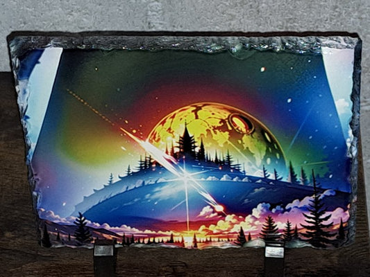 Fantasy Tees Plus artwork featuring a vibrant sci-fi landscape stone decor with a glowing planet and pine trees