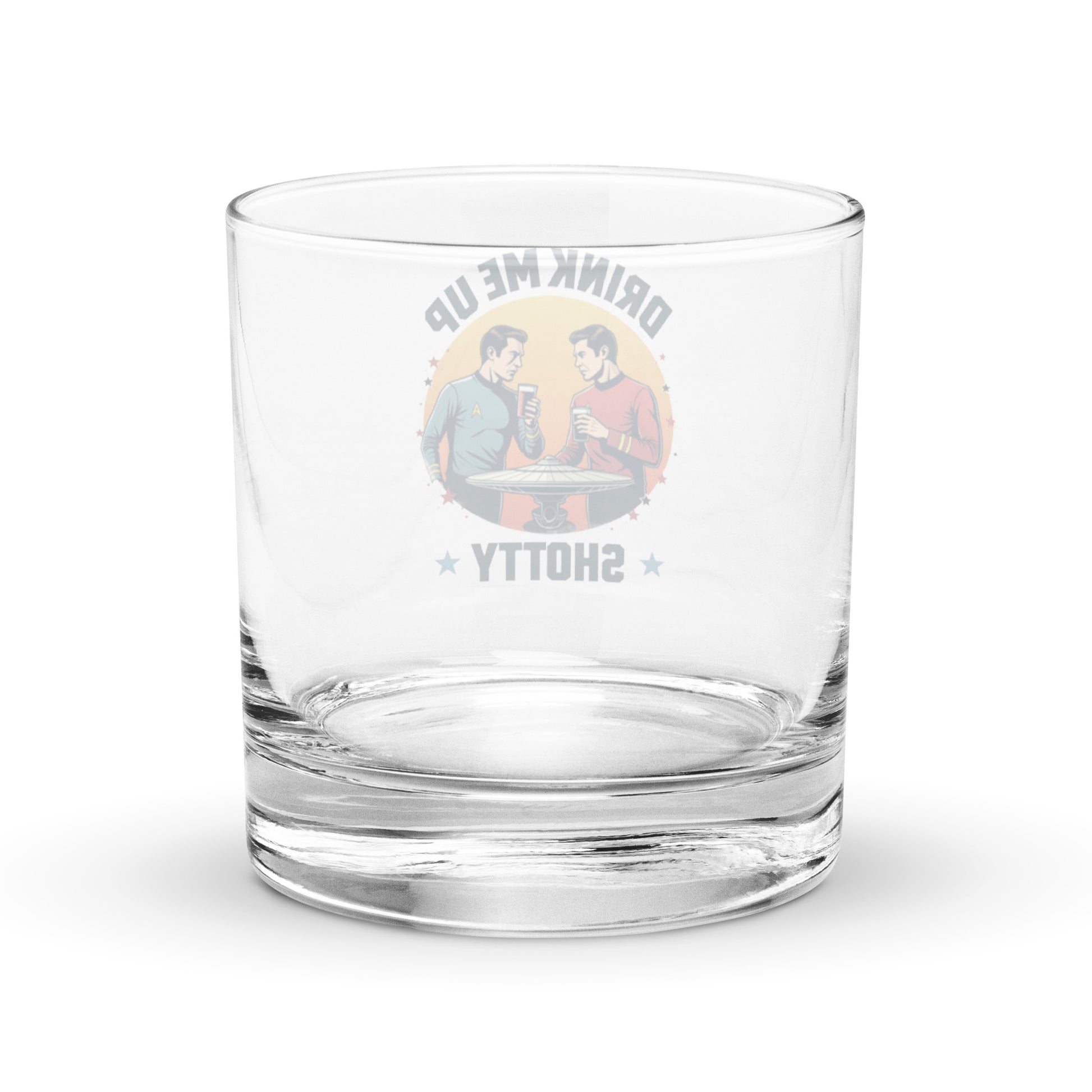 Fantasy Tees Plus clear glassware sci-fi themed whiskey glass with classic star trek design