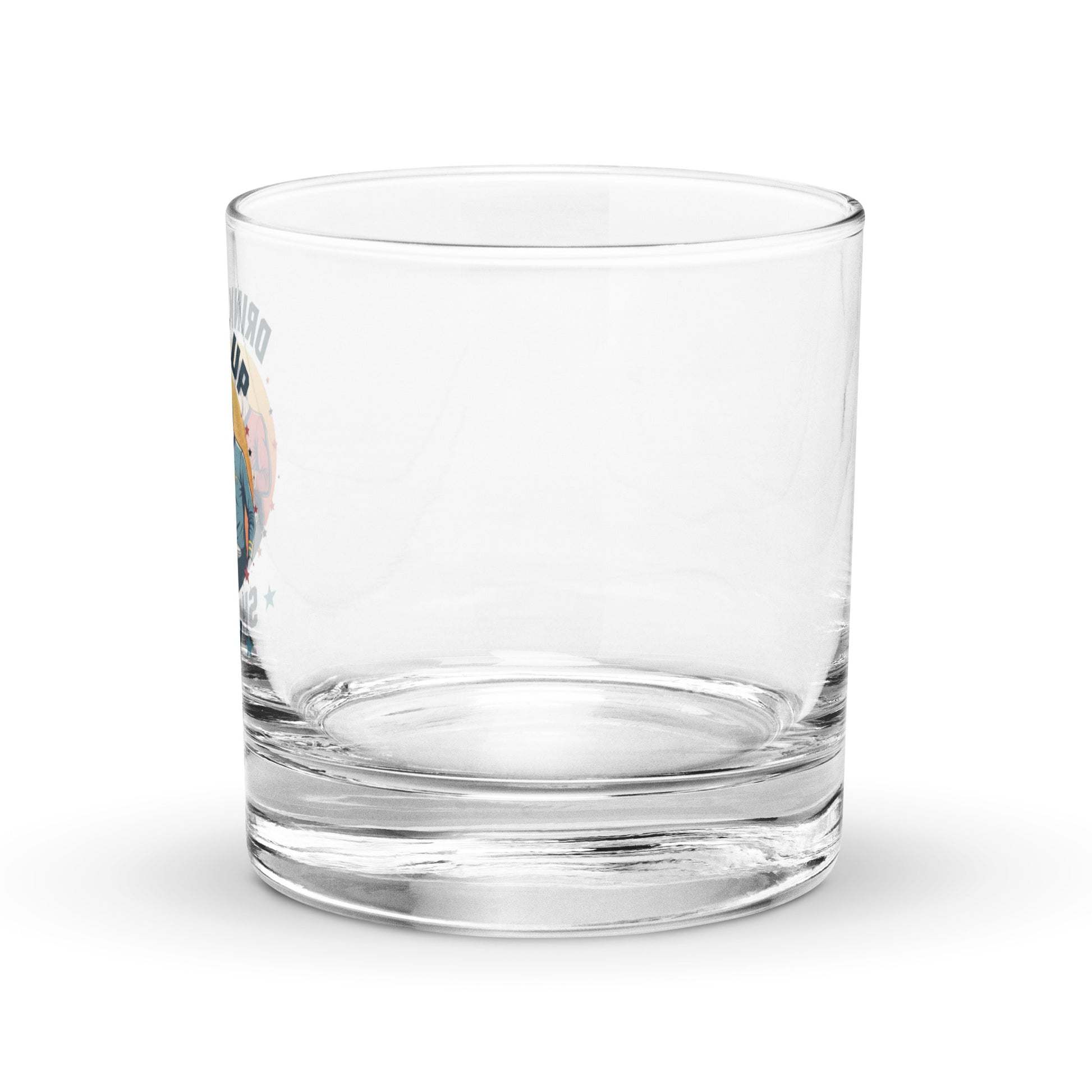 Clear sci-fi themed whiskey glass from Fantasy Tees Plus with a thick base and smooth rim