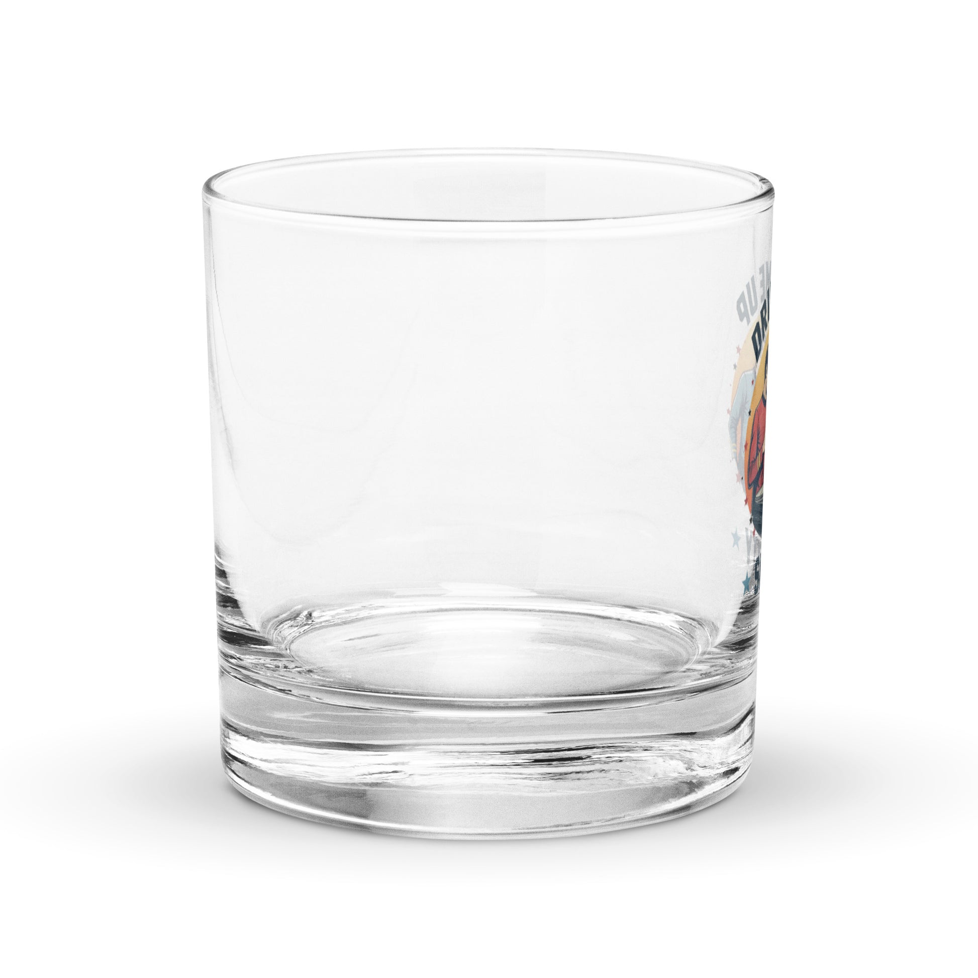 Clear sci-fi themed whiskey glass from Fantasy Tees Plus with thick base and smooth rim