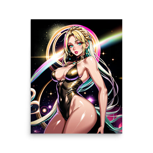 Space fantasy art poster series featuring a futuristic woman in metallic outfit with cosmic background