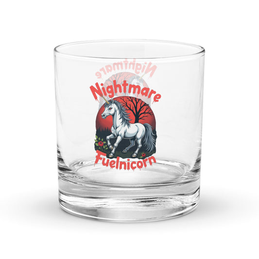 Nightmare Fuelnicorn horror-themed unicorn rocks glass. Fantasy Tees Plus whiskey rocks glass with white unicorn and red moon