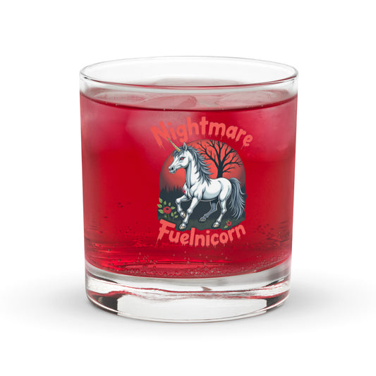Fantasy Tees Plus Nightmare Fuelnicorn horror-themed unicorn rocks glass. White unicorn print on a whiskey rocks glass