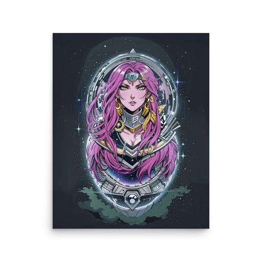 Unique cosmic goddess poster featuring a pink-haired celestial warrior with futuristic armor and glowing stars