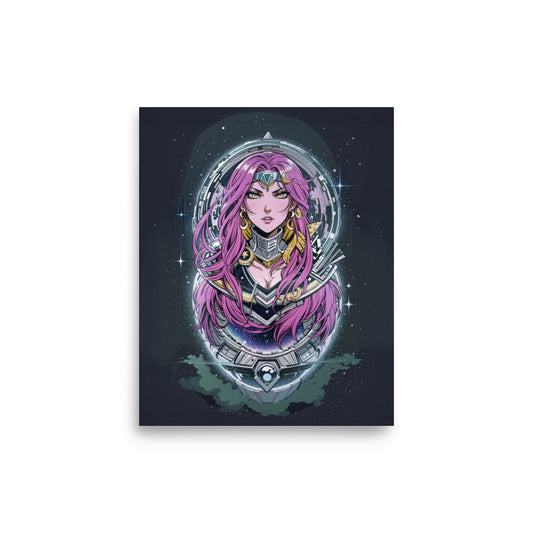 Unique cosmic goddess poster featuring a purple-haired celestial warrior with futuristic armor