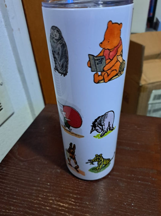 Winnie the Pooh tumbler by Fantasy Tees Plus featuring illustrated characters on white background