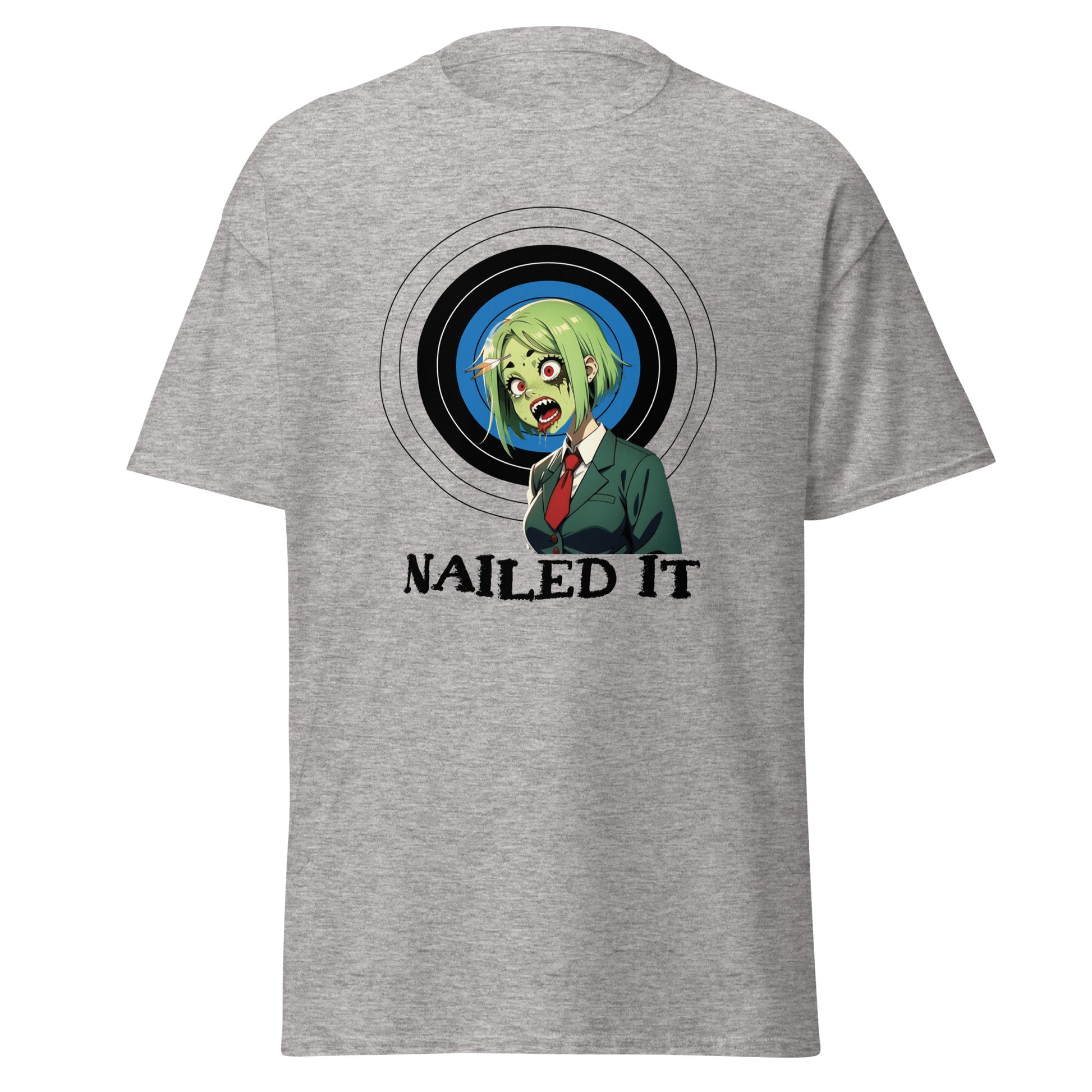 Gray zombie archery t-shirt with green zombie head graphic and nailed it text from Fantasy Tees Plus