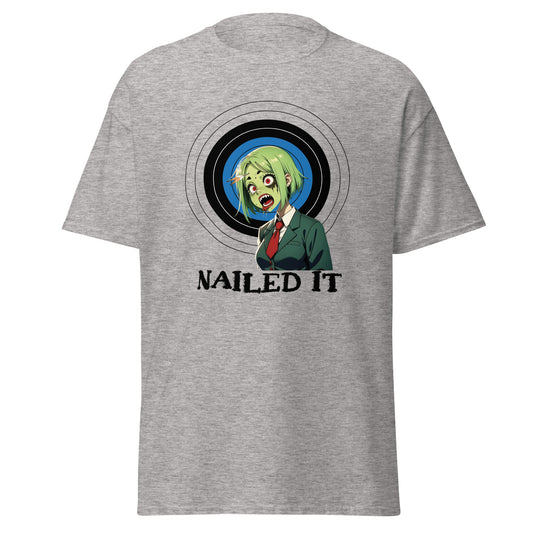 Gray zombie archery t-shirt with green zombie head graphic and nailed it text from Fantasy Tees Plus