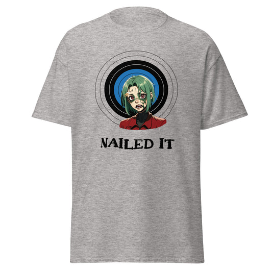 Gray zombie archery t-shirt by Fantasy Tees Plus featuring a green-haired zombie and target design